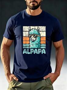 Premium Summer T-Shirts For Men, Comfortable, Breathable, And Quick-Drying For Adults. Fun Vintage T-Shirt For Adults Featuring The Alpaca "ALPAPA" Wearing Fashionable Glasses Against A Distressed Striped Background. Cool Blue And Orange - 酒紅色 - 查看 6