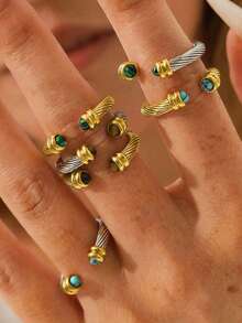 1pc 18K Gold Plated Stainless Steel Natural Stone Decor Open Ring, Suitable For Women's Daily And Party Wear, Gift - Gold - View 1