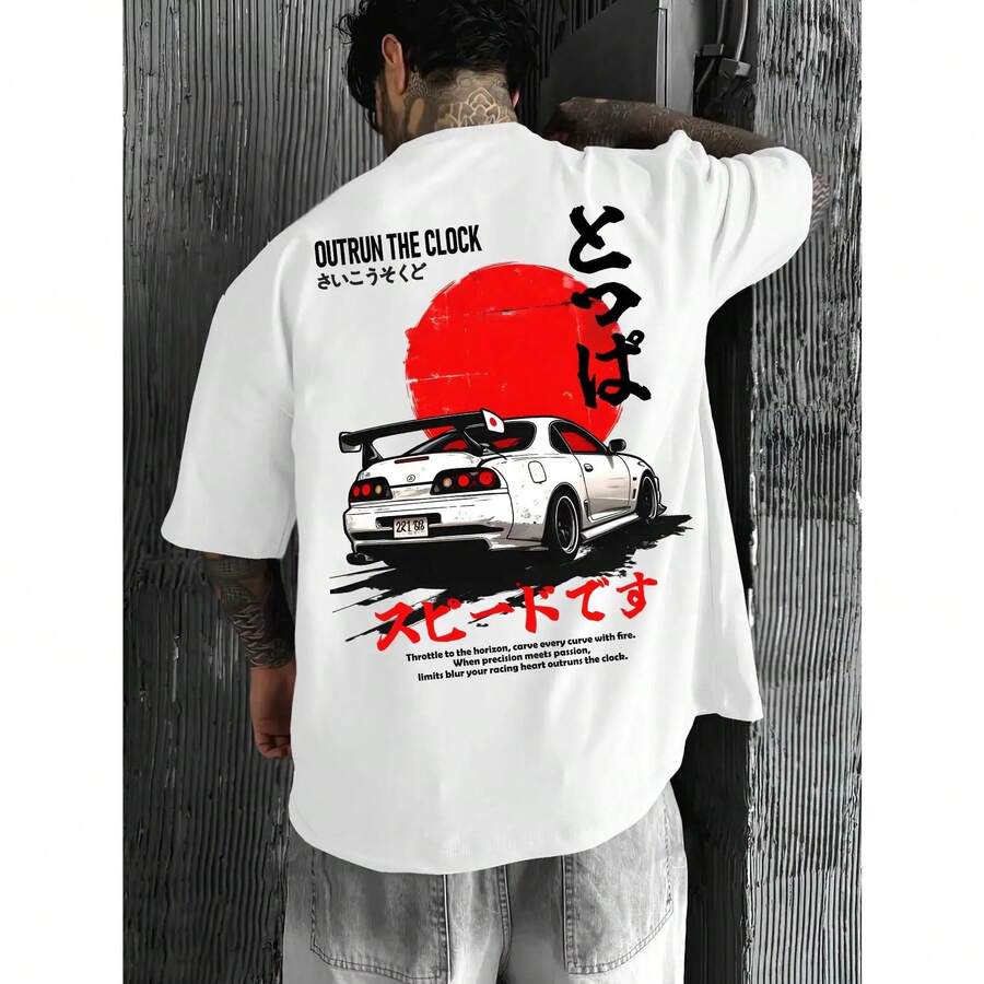 Men's Japanese Racing And JDM Culture Graphic T-Shirt - Retro Heat Transfer Design, Lightweight Summer Short Sleeve T-Shirt With Japanese Text And Drift Phrases, Unisex Style, Suitable For Car Enthusiasts, Car Clothing - 白色 - 查看 1