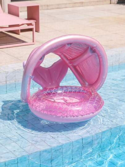 Pink Mermaid Scale Inflatable Baby Swim Ring With Sun Canopy, Toddler Pool Float With Handle For Kids Summer