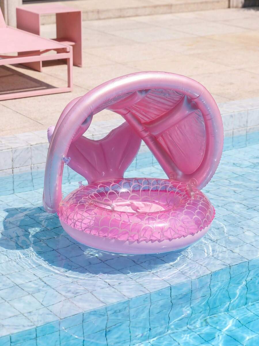 Flotador inflable con forma de escamas de sirena rosa con toldo solar, flotador de piscina para bebés y niños pequeños con asa para el verano - Rosa - Ver 1