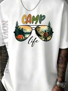 Men's Short-Sleeved T-Shirt, 100% Cotton, With Mountain Graphic Print And Camp Life Style Sunglasses, Round Neck, Breathable, Moisture-Wicking, Soft, For Outdoor Activities Such As Camping, Hiking, For Nature Lovers, Urban Wear, For Everyday And For All Seasons, Comfortable Basic T-Shirt For Adventures. - 白色 - 查看 5
