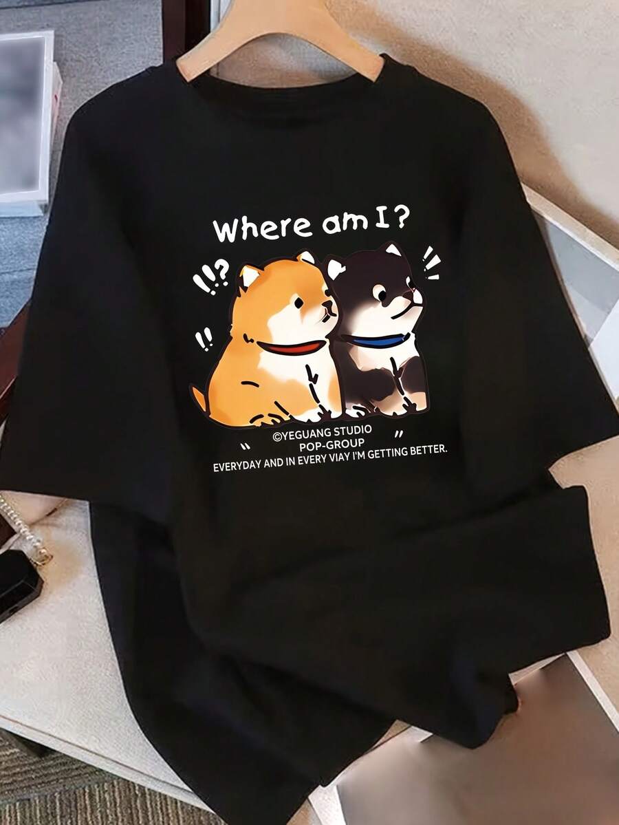 Camiseta de manga corta con cuello redondo y estampado de cachorro para mujer, nueva, moderna, holgada, informal, estilo estudiantil, para el verano. - Negro - Ver 1