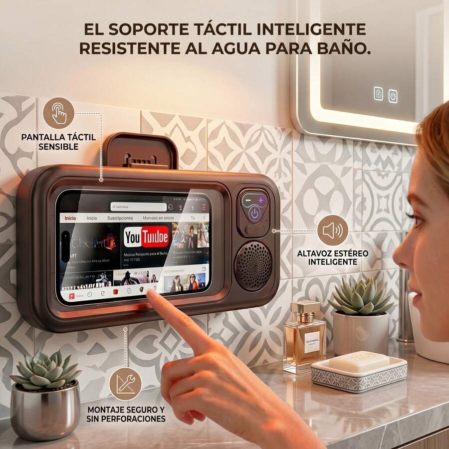 充電式防水スピーカー、浴室防水360°回転タッチスクリーン、Bluetoothスピーカー、映画鑑賞、音楽再生、スマホホルダー付きBluetoothスピーカー、オーディオシャワーTVホルダー、プール、キッチン、浴室、洗面台 - ピンク - チェックする 1