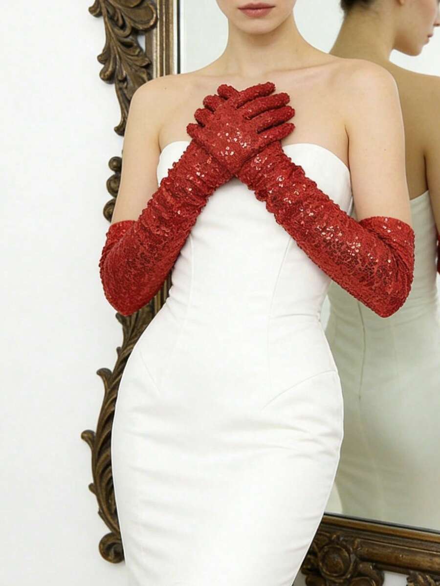 1 Pair Sexy Sequin Long Gloves, Cosplay Tight Fit Pole Dance Performance Gloves - Red - View 1