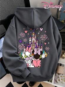 Disney Women's Loose-Fitting Hooded Sweatshirt With A Minnie Mouse Castle-Themed Print Design On The Front And Back. A Girly Style, - 深灰色 - 查看 5