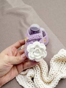 1 Pair Handmade Infant Booties, Green Crochet With White Flower Decor, Buckle Closure - Mauve Purple - View 2
