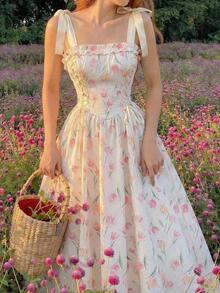 largo con estampado floral y tirantes con lazo para mujer, para primavera, graduación, vestidos modestos para mujer, vestidos para vacaciones de primavera - Rosa 2 - Ver 8
