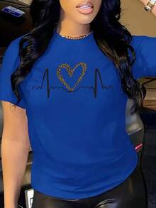 Camiseta de mujer de verano con mangas cortas, diseño impreso simple y cuello redondo - Azul - Ver 1