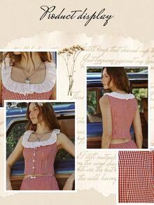 Blusa ajustada con botones delanteros de cuadros y bordados - Rojo y blanco - Ver 9