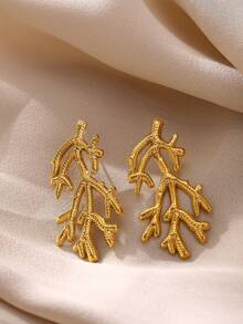 Vintage Stainless Steel Big Coral Earrings,18K Gold Plated Octopus Stud Earrings, Marine Life Jewelry Ocean Beach Daily Wear Vacation Accessory - 1 - View 9