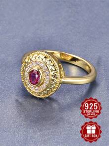 1pc 925 Sterling Silver Ring, Inlaid With Rose Red Synthetic Cubic Zirconia, Size 6-10, Suitable For Daily Wear, Comes With Gift Box - Gold - View 7