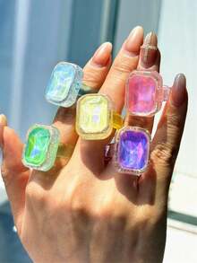 Anillo de cristal de resina rectangular iridiscente y colorido, anillo de resina grande y exagerado de color caramelo, joyería de primavera personalizada y de moda, accesorios de estilo del milenio Y2K - Multicolor - Ver 3