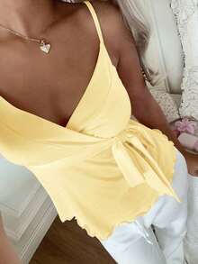 Camiseta de tirantes casual y versátil con estampado de lunares y detalle de nudo para mujer - amarillo ganso - Ver 4