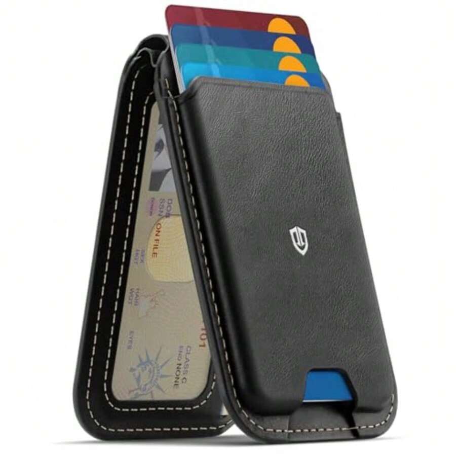 SHIELDON Cartera de Cuero Genuino, Tarjetero Magnético, Tarjetero para Magnetico, Soporte Ajustable Bloqueo RFID Leather Wallet Card Holder Compatible con iPhone Serie 16/15/14/13/12, Negro - Negro Retro - Ver 1