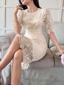 Vestido de encaje bordado de alta gama, vestido de verano para mujer con cuello redondo y abertura lateral hasta la pantorrilla, elegante vestido de cóctel francés para fiestas, ropa de vuelta al colegio - Albaricoque - Ver 6