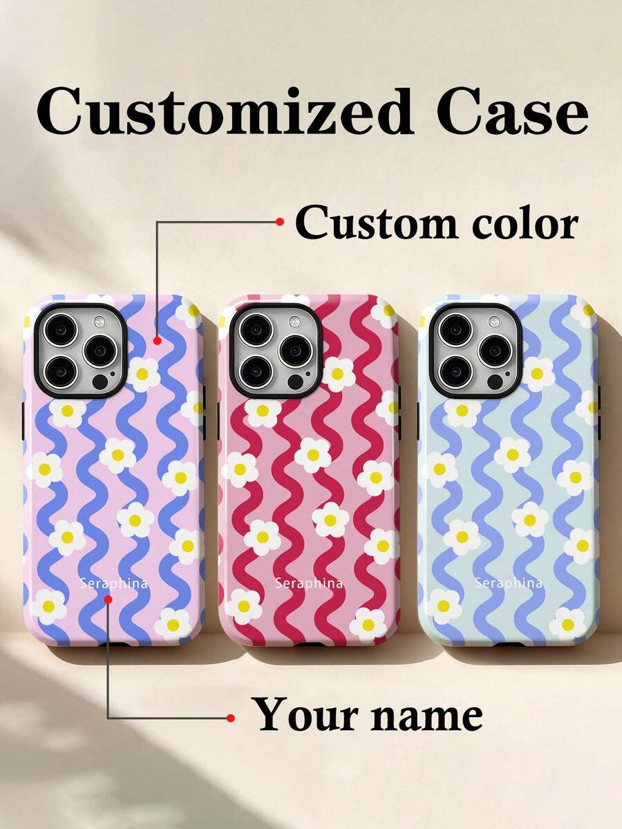 1pc Fresh Sweet Y2K Girly Style Wavy Striped Daisy DIY Phone Case Color Personalized Signature Customized 2-In-1 Glossy Film Full Coverage Hard Shell Protective Case Compatible With IPhone 11/12/13/14/15/16 17 Pro Max - Multicolor - View 1