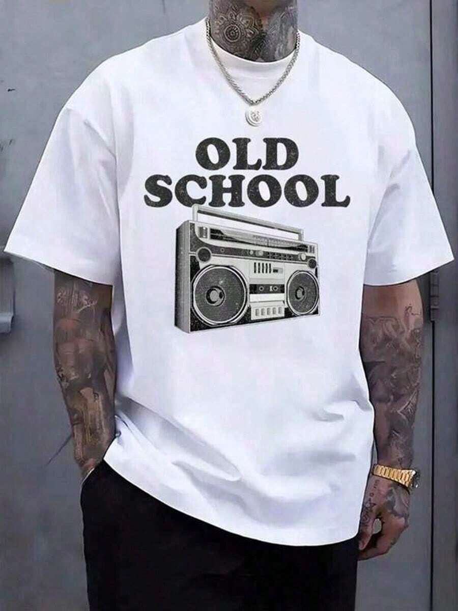 Gift T-Shirt With Retro 80s Boom Box And Rap Music Design, Fun Tape Player Print, Casual Short Sleeve Crew Neck Summer T-Shirt, Vintage White T-Shirt, Men's Graphic Tees, Funny Shirts, Printed And Shipped From The USA. - 白色 - 查看 1