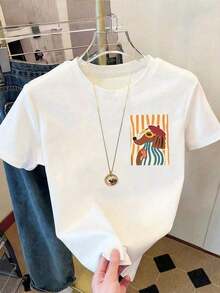 New Women's Summer Casual T-Shirt, Round Neck, Short Sleeve, Blue Letter And Shell Print, English Lettering, Versatile Casual Style, Ideal For Beach Holidays - Unisex Loose Cotton Short Sleeve Round Neck T-Shirt, Vintage Urban Style - 白色 12 - 查看 2