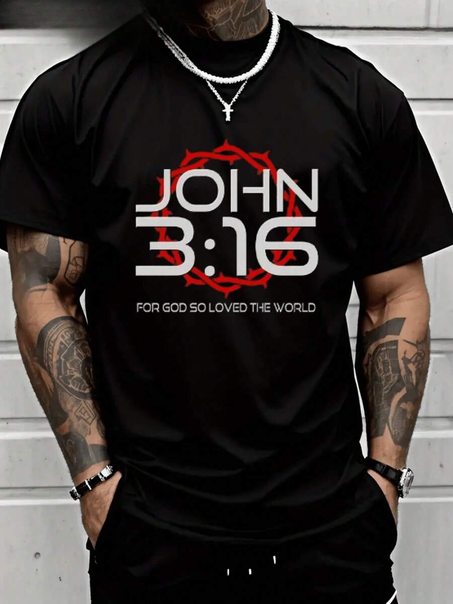 short-sleeveCamiseta de manga corta PAYEAH para hombre, algodón , con el texto cristiano "Juan 3:16 porque Dios amó tanto al mundo" (pieza individual)100% Cotton100% Cotton - Negro - Ver 1