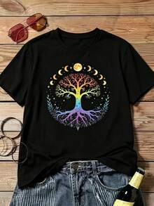 Women's Short-Sleeved, Crew-Neck T-Shirt With A Symbolic Tree Print. This Casual Summer Style Is Perfect For Everyday Wear, Allowing You To Easily Create A Relaxed Look And Express Your Individual Style. Casual T-Shirts For Women, Basic T-Shirts For Women, Polyester T-Shirts For Women, Loose-Fitting T-Shirts, Fun Minimalist T-Shirts, Letter T-Shirts For Women, Printed T-Shirts, Limited-Time Offers, New Arrivals Promotions, New Seasonal Arrivals, Limited-Time Offers, T-Shirts, Commemorative T-Shirts, Fun T-Shirts, Bohemian Style - 黑色 - 查看 3