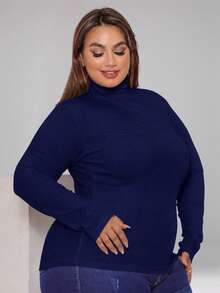 Women's Plus Size Long Sleeve Turtleneck Blouse, Ribbed Knit, Winter Sweater - Azul Marino - Ver 8