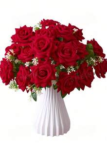 1 ramo de rosas artificiales para decoración del hogar, ramo de rosas para el Día de San Valentín. Hecho de material de tela, rosas rojas falsas realistas, ideal para arreglos florales de mesa de comedor. Perfecto para bodas, fiestas, decoración del hogar, regalos del Día de San Valentín, regalos de cumpleaños y regalos de graduación. - Rojo - Ver 1