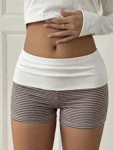 Blazique Plus Size Women's Y2K Style Striped Shorts, Contrast Color Waist Design, Suitable For Casual, Streetwear And Commuting In Summer - Brown - View 3