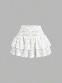 Falda mini casual y de resort Y2K con dobladillo de doble capa y ribete de volantes de unicolor - Blanco - Ver 3
