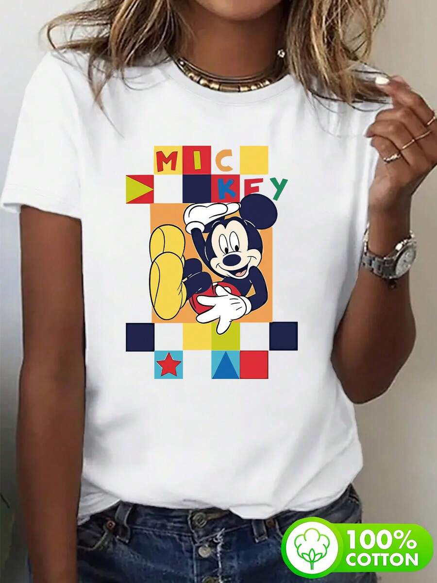 Disney 100% Pure Women's T-Shirt With Mickey Mouse Cartoon Print And Colorful Puzzle Block Design Letter Print, Standard Size - 白色 - 查看 1