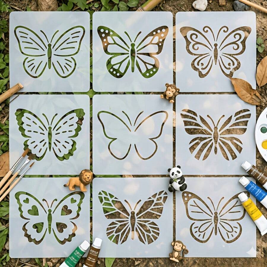 9 piezas de plantillas reutilizables de mariposas para pintura, adecuadas para arte de pared, lienzos, scrapbooking, manualidades DIY - Plantillas de mariposas pequeñas cortadas con láser de precisión para pintura en aerosol, decoración del hogar, muebles, pisos, suministros de arte con tema natural - Conjuntos - Ver 1