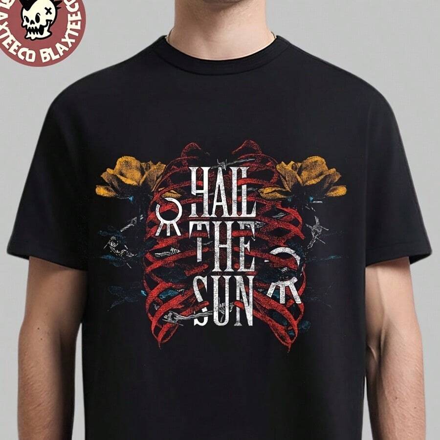 Hail The Sun 2026 Cut Tour Back Merch Floral Skeleton Rib Cage T-Shirt Unisex - Negro - Ver 1