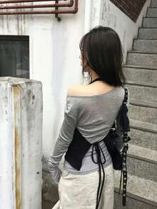 韓系小眾設計掛脖露背長袖T恤，女款分層修身兩件套，夏季優雅 - 灰色 - 查看 3