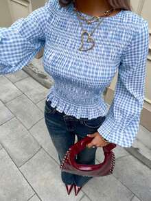 Camisa de manga larga con cuello redondo y cintura ceñida a cuadros, conjunto navideño para mujer, blusa casual con diseño plisado, cintura ajustada, camisa a cuadros elástica - Azul y blanco - Ver 12