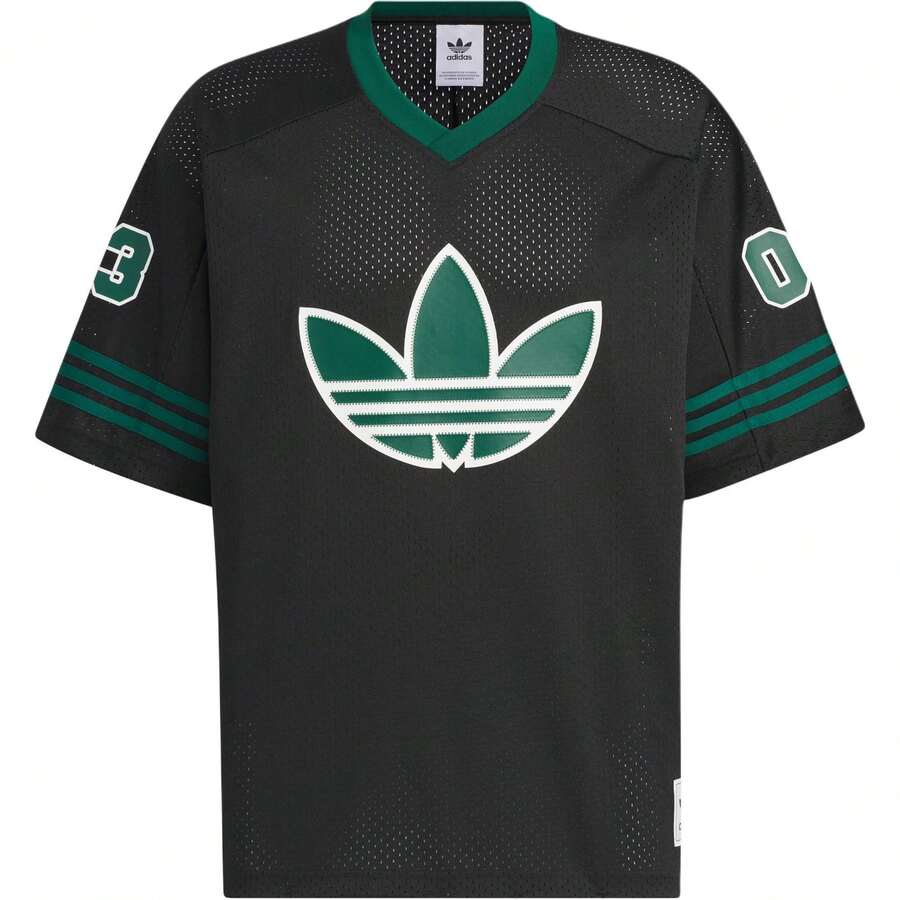 ADIDAS ORIGINALS Men Women Unisex Oversized Mesh Jersey T-Shirt, V-Neck Short Sleeve Tee With Big Trefoil Logo, Number & 3-Stripes Detail For Casual Streetwear And Sports Style - 黑色 - 查看 1