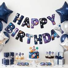 2pcs 2D Felt Starry Sky Theme Birthday Party Decorations, Explore The Universe Happy Birthday Banner With Astronaut, Planet, Mysterious Space, Suitable For Birthday Party Decor, Baby Shower, Photo Props, Room Decor, Fireplace Decor - A - View 7