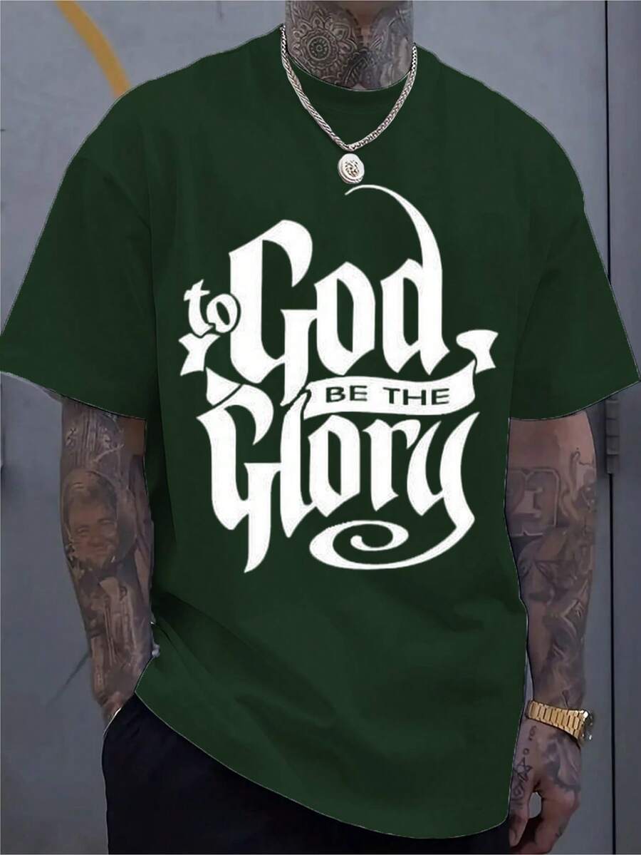 Men's Short-Sleeved T-Shirt, Casual Sporty Style, With Modern Prints, Stretchy And Comfortable, Suitable For Sports, Travel And Everyday Leisure Time - Regular Fit, Round Neck, Knit Fabric, Printed T-Shirt, Comfortable Fit, Plus Size. - 綠色 - 查看 1