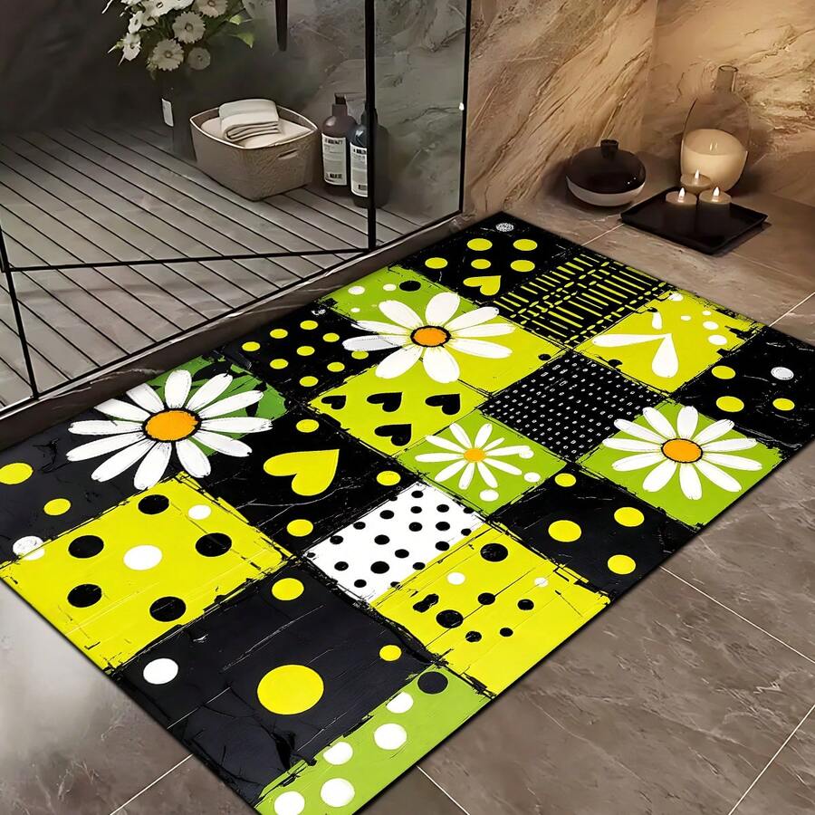 1pc Abstract Floral Plaid Pattern Printed Floor Mat, Silica Gel Kitchen Carpet, Kitchen Mat, Rug, Easy To Clean, Rectangular Printed, Suitable For Living Room, Bedroom, Hallway, Bathroom, Laundry Room - Polyester Carpet, Suitable For Indoor And Outdoor Home Decor - Multicolor - View 1