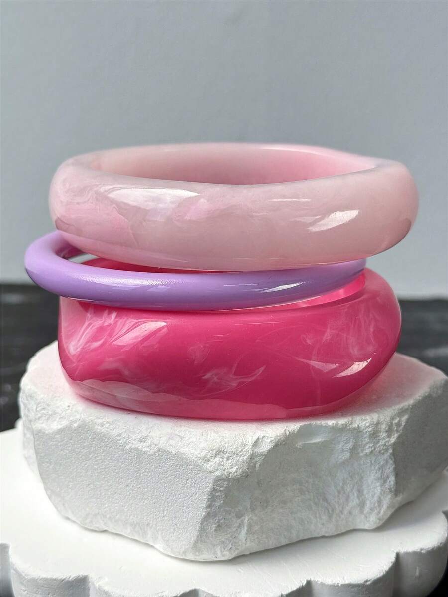 3件套精美紫色几何树脂手镯，可叠戴或单独佩戴，夏季假日女士配饰 - 彩色 - 查看 1