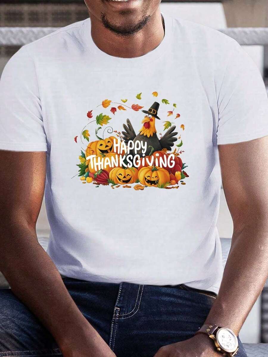 Men's Plus Size Summer T-Shirt, Short Sleeve T-Shirts With Whimsical Thanksgiving Scene Graphic Print, Casual Tops For Everyday Life, Big And Tall Guys - 白色 - 查看 1