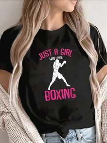 1 Piece Of Women's Short Sleeve T-Shirt, Boxing Themed Print Design, Lightweight And Durable, Suitable For The Gym, Daily Wear Or Sports Occasions, Pink Text Pattern, Comfortable Fit, Perfectly Suited To Lifestyle, 180g 100% Cotton. - 黑色 - 查看 1