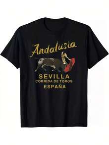 Unisex 100% Cotton T-Shirt With Vintage Print Of The Seville Bullfight, Spain, In Black And Gold, For Men And Women, Soft, Essential For Casual Street Wear In All Seasons, Versatile Style For All Seasons, Economical For Daily Use And Perfect. - 黑色 - 查看 7