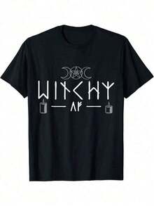 Witchy AF Three Moons Wicca Graphic T-Shirt, 100% Cotton, Casual Crew Neck, High Elasticity Knit Fabric, Regular Fit, Adult, All Seasons - 黑色 - 查看 11