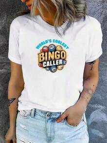 Women's Plus Size T-Shirt With 'Baseball Is My Favorite Season' Print, Casual, Black, Polyester, Short Sleeve, Crew Neck, Machine Washable, Spring And Summer Activewear, Fun Design T-Shirt, Suitable For Sports And Outdoor Activities - 白色 13 - 查看 7