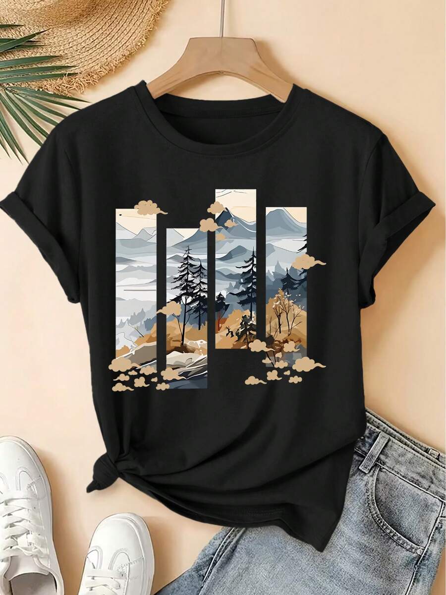 Women's Casual Summer T-Shirt 2026, New Short Sleeve Crew Neck Four-Panel Landscape Print T-Shirt, Vintage Distressed Style, Casual Sports Top, Soft Knit Fabric, High-Quality Women's Clothing. | Fun And Original Design | Fun And Rejuvenating Top - 黑色 - 查看 1