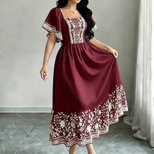 . .  Vestido de manga corta con cuello cuadrado y estampado floral, falda de longitud media con cintura ceñida, vestido rojo vino con estampado floral - Multicolor - Ver 4