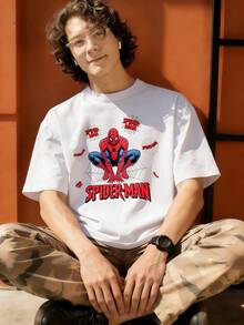 Spider Man Web Action Pose Graphic T Shirt 100 Percent Cotton Men's T Shirts MARVEL  Marvel Universe  Superhero Summer Outfits Men's Clothes Mens Tops Streetwear Mens Gift Ideas Innerwear Or Outfits,Mens Fashion - White - View 4