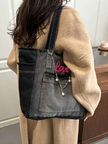 1件個性化刺繡客製化姓名高品質藍色帆布托特包，大容量通勤/工作/購物女款單肩包，極簡設計 - 彩色 - 查看 4