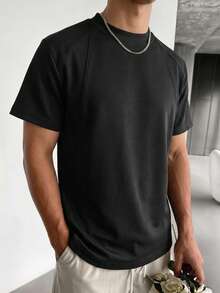 1pc Men's Black Short Sleeve Crew Neck T-Shirt, Contrast Stitching Deconstruction Patchwork, Heavy-Weight Knit Fabric, Machine Washable, Minimalist Retro Fashion Style, Suitable For Casual Daily Wear - Black - View 10