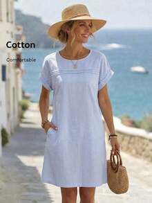 Vestido corto de mujer con cuello redondo y manga corta con estampado de líneas - Blanco - Ver 10